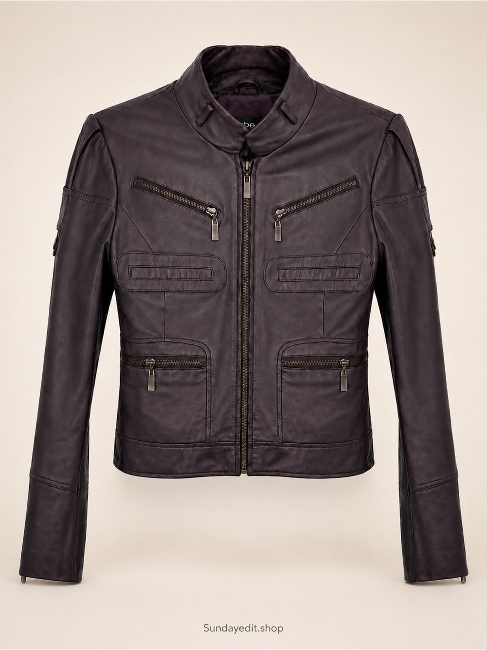 bebe Deep Plum 100% Leather Zip-Up Y2K Moto Jacket | Size S